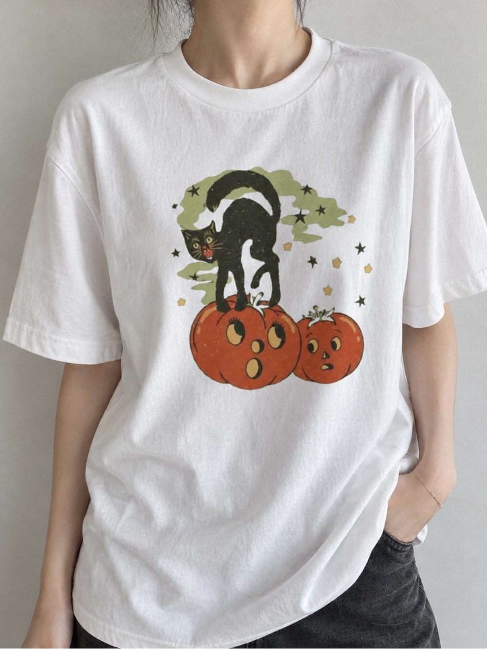 Spooky Season Black Cat Pumpkins Fall Aesthetic Statement Womens Graphic Tee